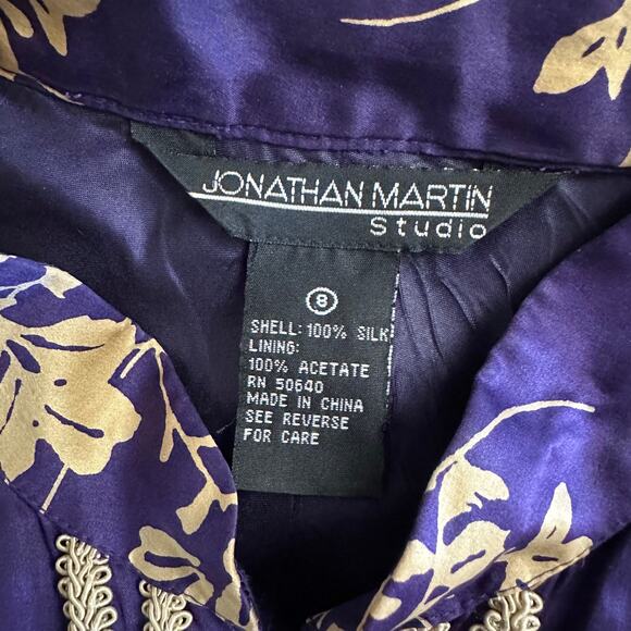Jonathan Martin Studio 100% Silk Purple Gold Floral Embroidered Midi Dress Sz 8 - Picture 2 of 11